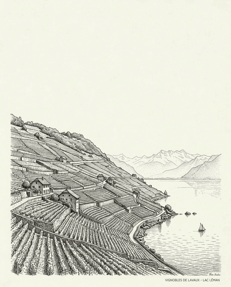 Affiche Lavaux Estampe Vignes UNESCO — Collection Héritage Firn Studio